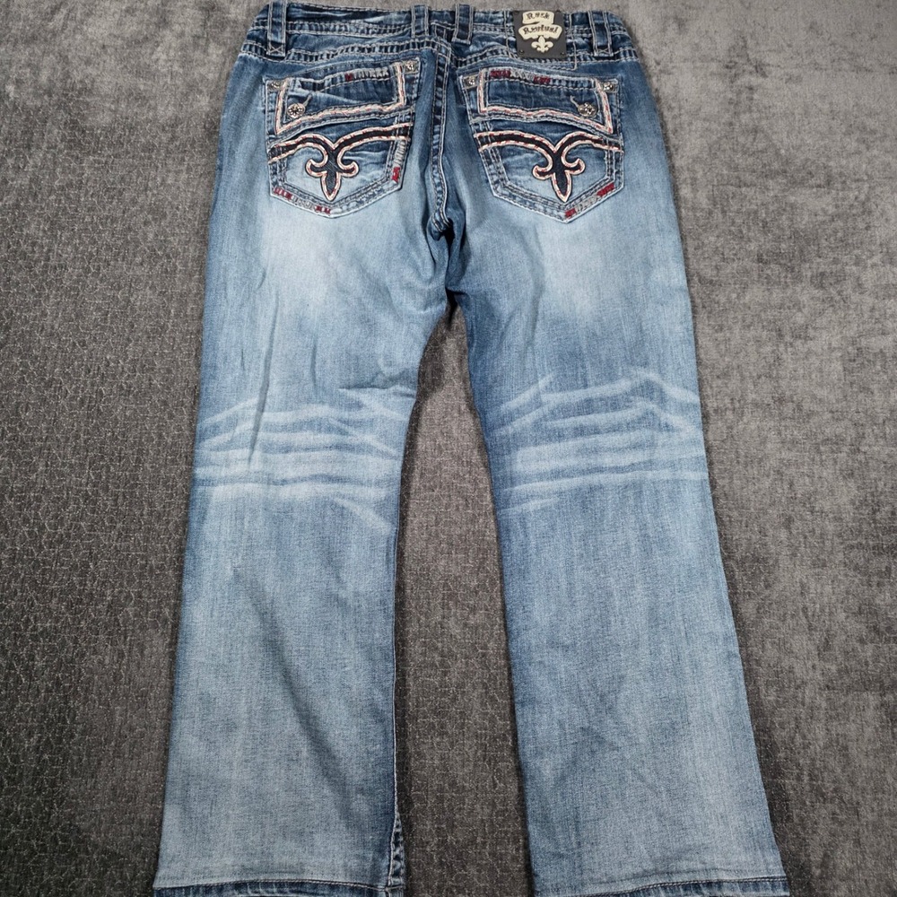 Rock Revival Destin Straight Leg Jeans Mens 35x29 Embroidered Whiskered Denim